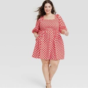 Womens Balloon Elbow Sleeve Smocked Mini Dress - Ava Viv - Red Geometric